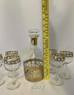 Culver Valencia Decanter and 6 Wine Goblets Glasses 1960s MCM 22K Gold
