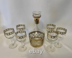 Culver Valencia Decanter and 6 Wine Goblets Glasses 1960s MCM 22K Gold