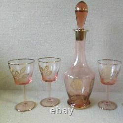 DECANTER SET with 3 Wine Glasses Goblets Pink Rose Gold Trim Depression Vintage