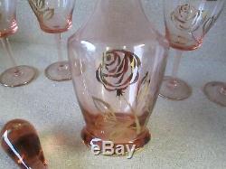 DECANTER SET with 4 Wine Glasses Goblets Pink Rose Gold Trim Depression Vintage