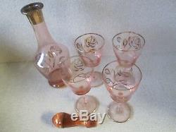 DECANTER SET with 4 Wine Glasses Goblets Pink Rose Gold Trim Depression Vintage