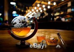 Decanter Whiskey Liquor Vintage Glass World Globe Scotch Wine Antique 2 Glasses