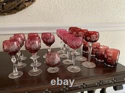 Eight Vintage Bohemian Czech Cranberry Red to Clear Cut Glass Wine Glasses Excel