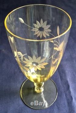 Elegant Glasses Amber Wine Water Goblets 8 Engraved Flowers Fluted Vintage 03746