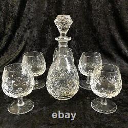 Elegant Vintage Cut Glass Liquor Decanter Set Etched Floral Design And 5 Glasses