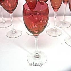 Entire Set Of Vintage Cranberry Floral Etched wine water glasses. Marked French
