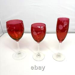 Entire Set Of Vintage Cranberry Floral Etched wine water glasses. Marked French