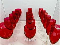 Entire Set Of Vintage Cranberry Floral Etched wine water glasses. Marked French