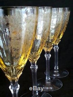 Exquisite antique etched yellow to clear wine glasses set of 4, 8.37 inches