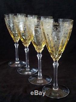 Exquisite antique etched yellow to clear wine glasses set of 4, 8.37 inches