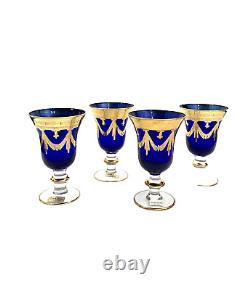 Fancy Glass Set of Four Italian Royal Blue & Gold Cobalt Vintage Collectibles