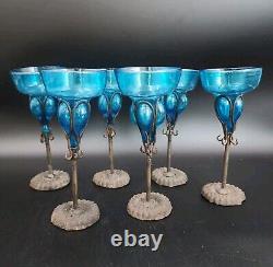 Felipe Derflingher Brutalist Iorn Caged Wine Goblets Blue Glass Vintage Set Of 6