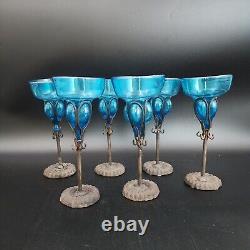 Felipe Derflingher Brutalist Iorn Caged Wine Goblets Blue Glass Vintage Set Of 6