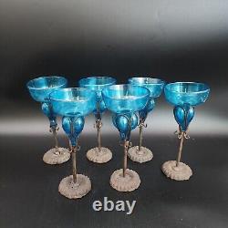 Felipe Derflingher Brutalist Iorn Caged Wine Goblets Blue Glass Vintage Set Of 6