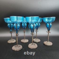Felipe Derflingher Brutalist Iorn Caged Wine Goblets Blue Glass Vintage Set Of 6