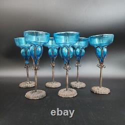 Felipe Derflingher Brutalist Iorn Caged Wine Goblets Blue Glass Vintage Set Of 6