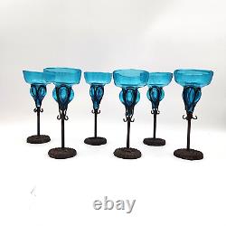 Felipe Derflingher Brutalist Iorn Caged Wine Goblets Blue Glass Vintage Set Of 6