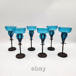 Felipe Derflingher Brutalist Iorn Caged Wine Goblets Blue Glass Vintage Set Of 6