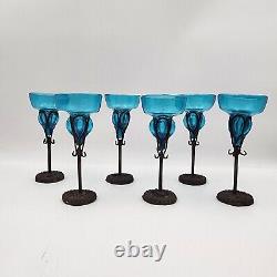 Felipe Derflingher Brutalist Iorn Caged Wine Goblets Blue Glass Vintage Set Of 6
