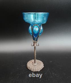 Felipe Derflingher Brutalist Iorn Caged Wine Goblets Blue Glass Vintage Set Of 6