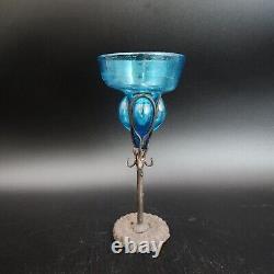 Felipe Derflingher Brutalist Iorn Caged Wine Goblets Blue Glass Vintage Set Of 6
