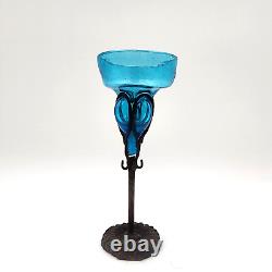 Felipe Derflingher Brutalist Iorn Caged Wine Goblets Blue Glass Vintage Set Of 6