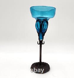 Felipe Derflingher Brutalist Iorn Caged Wine Goblets Blue Glass Vintage Set Of 6