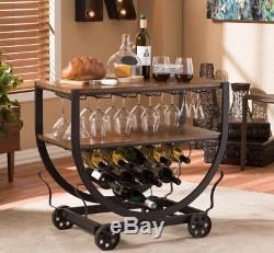 Food Serving Bar Cart Wine Glass Rack Wood Metal Rolling Trolley Elegant Premium