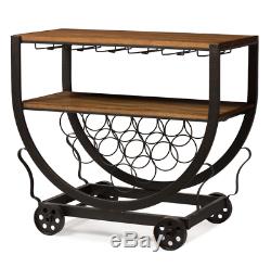 Food Serving Bar Cart Wine Glass Rack Wood Metal Rolling Trolley Elegant Premium