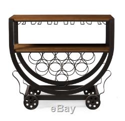 Food Serving Bar Cart Wine Glass Rack Wood Metal Rolling Trolley Elegant Premium