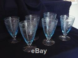 Fostoria Glass Co. Vtg. June Blue Set 6 White Wine Goblets Glasses 5 1/4