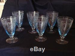 Fostoria Glass Co. Vtg. June Blue Set 6 White Wine Goblets Glasses 5 1/4