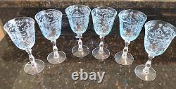 Fostoria Navarre Blue Etched Large Claret Wine Glasses, Lot Of 6 Vintage Perfect