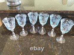 Fostoria Navarre Blue Etched Large Claret Wine Glasses, Lot Of 6 Vintage Perfect