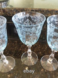 Fostoria Navarre Blue Etched Large Claret Wine Glasses, Lot Of 6 Vintage Perfect