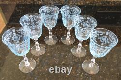 Fostoria Navarre Blue Etched Large Claret Wine Glasses, Lot Of 6 Vintage Perfect