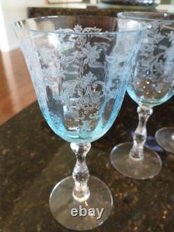 Fostoria Navarre Blue Etched Large Claret Wine Glasses, Lot Of 6 Vintage Perfect