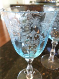Fostoria Navarre Blue Etched Large Claret Wine Glasses, Lot Of 6 Vintage Perfect