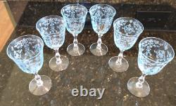Fostoria Navarre Blue Etched Large Claret Wine Glasses, Lot Of 6 Vintage Perfect