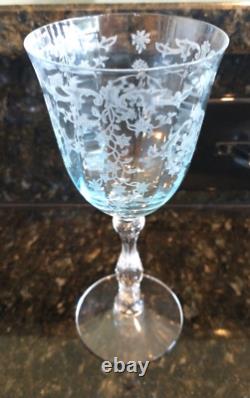 Fostoria Navarre Blue Etched Large Claret Wine Glasses, Lot Of 6 Vintage Perfect