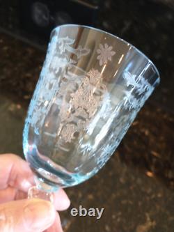 Fostoria Navarre Blue Etched Large Claret Wine Glasses, Lot Of 6 Vintage Perfect