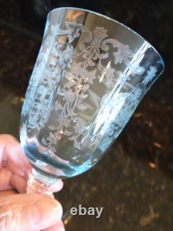 Fostoria Navarre Blue Etched Large Claret Wine Glasses, Lot Of 6 Vintage Perfect