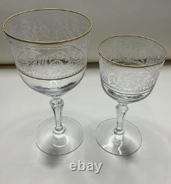 Fostoria Renaissance Crystal 8 Claret + 7 Water Goblets- Gold Trim Vintage