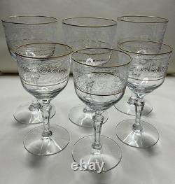 Fostoria Renaissance Crystal 8 Claret + 7 Water Goblets- Gold Trim Vintage
