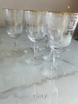 Fostoria Renaissance Gold Trim Small Wine Glasses Stem Set of 7 Etched Vintage