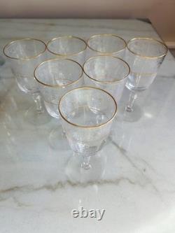 Fostoria Renaissance Gold Trim Small Wine Glasses Stem Set of 7 Etched Vintage