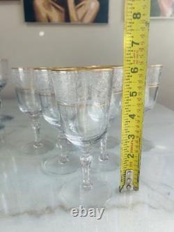 Fostoria Renaissance Gold Trim Small Wine Glasses Stem Set of 7 Etched Vintage