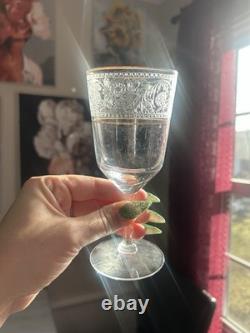 Fostoria Renaissance Gold Trim Small Wine Glasses Stem Set of 7 Etched Vintage