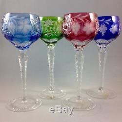 Four Vintage Hungarian Bohemian Multi-Color Cut to Clear Wine Hocks Glasses
