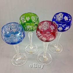 Four Vintage Hungarian Bohemian Multi-Color Cut to Clear Wine Hocks Glasses